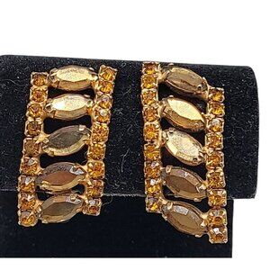Unsigned Designer Topaz & Citrine Crystal Clip On Earrings Vtg Ladder/Climbers